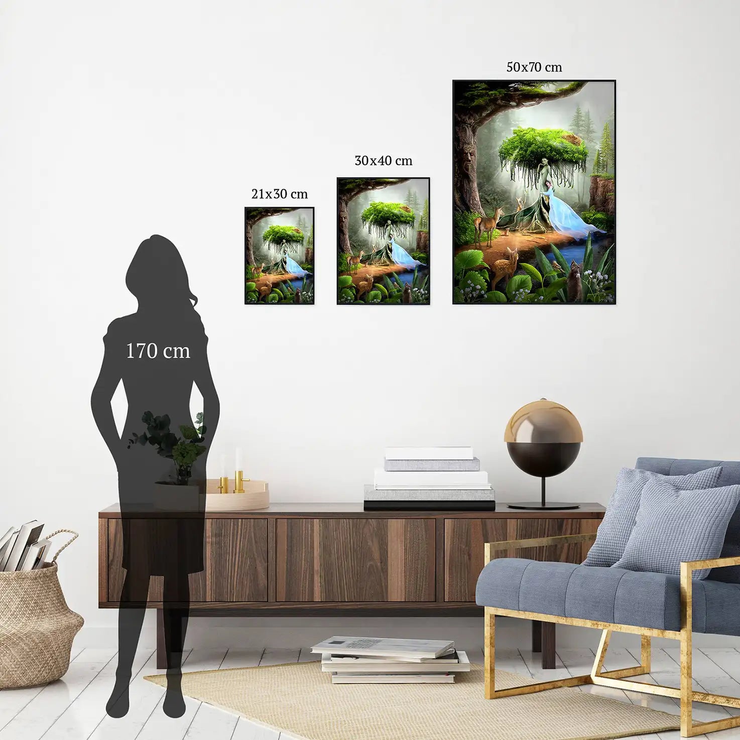 Porównanie trzech rozmiarów plakatu Matka Natura, zielony kolaż surrealistyczny na ścianie