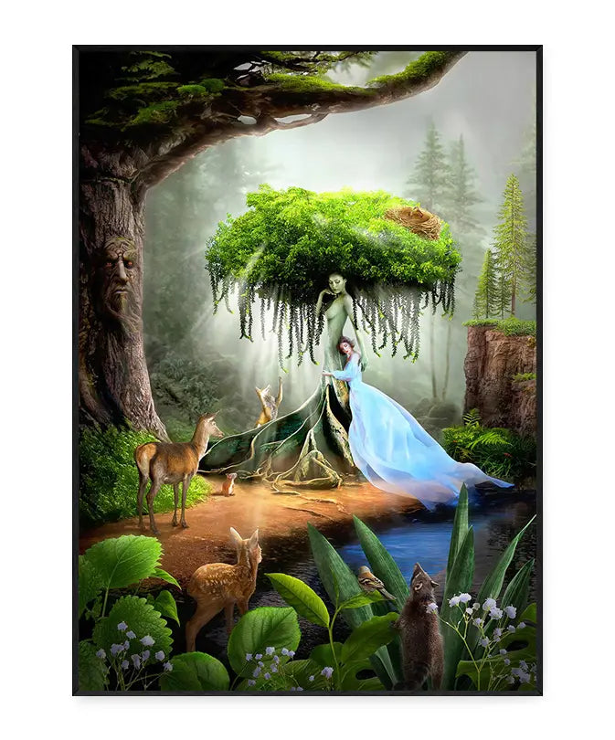 Surrealistyczny plakat Matka Natura w ramce, zielony kolaż artystyczny
