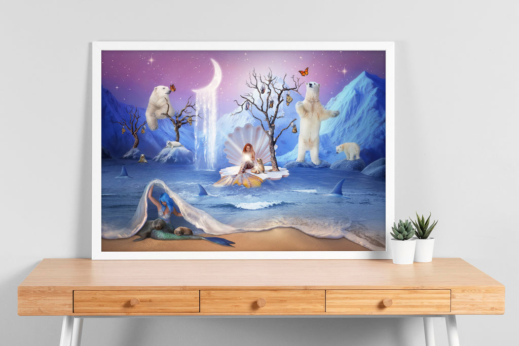 Surrealistyczny fioletowy plakat z syrenkami, rekinami, fokami i niedźwiedziami polarnymi – fantastyczna ilustracja oceanu dla dzieci i dorosłych.
