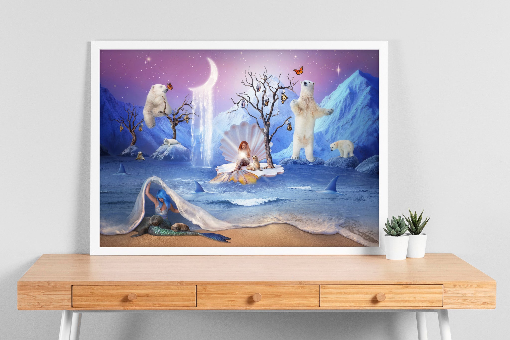 Surrealistyczny fioletowy plakat z syrenkami, rekinami, fokami i niedźwiedziami polarnymi – fantastyczna ilustracja oceanu dla dzieci i dorosłych.