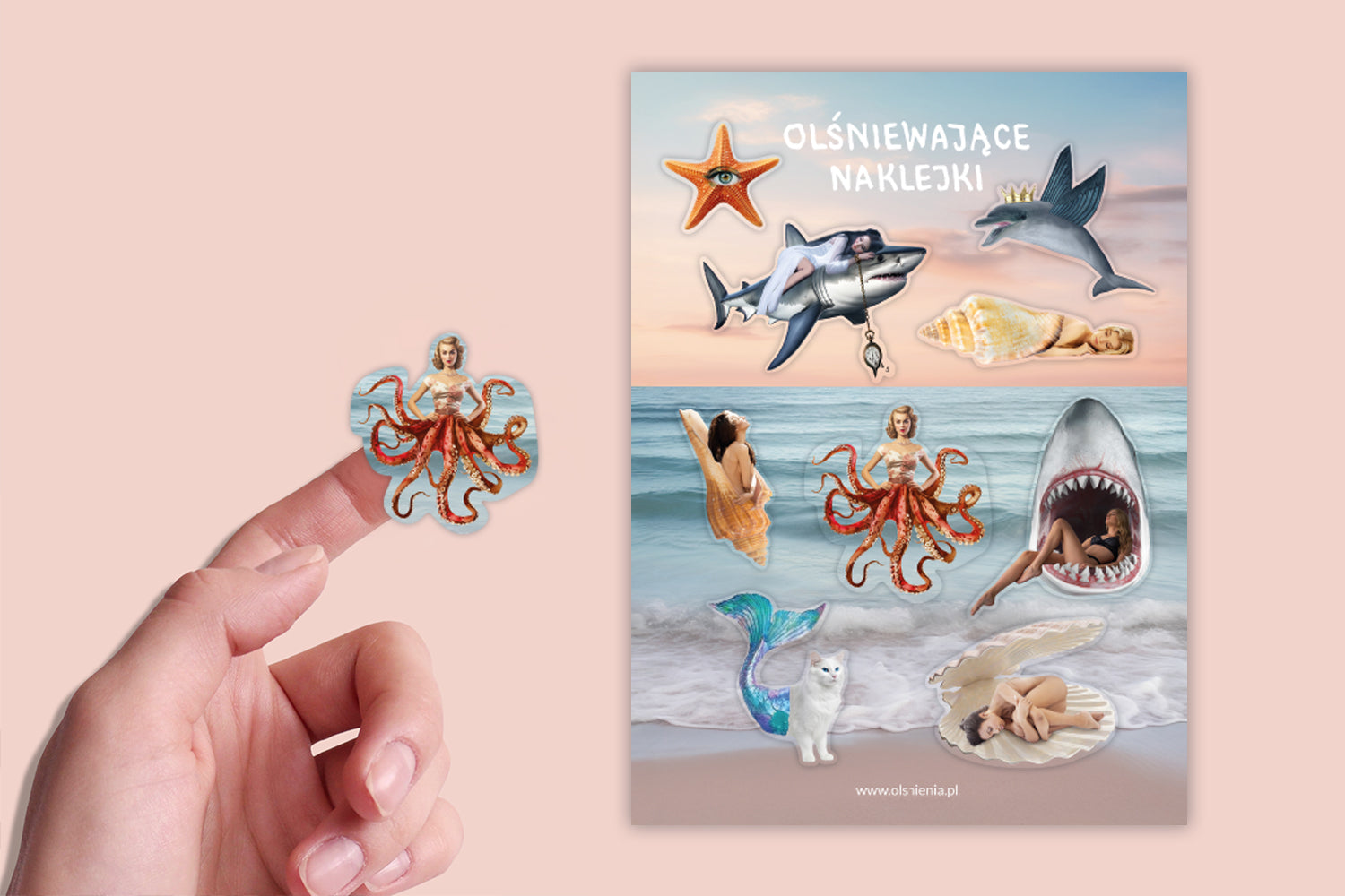 Surrealistyczny i metaforyczny zestaw naklejek z motywem oceanu – artystyczne i symboliczne ilustracje.