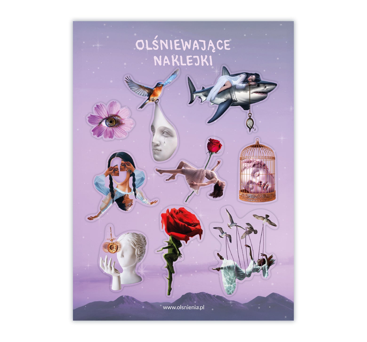 Surrealistyczny i metaforyczny zestaw naklejek – artystyczne, symboliczne i oryginalne ilustracje
