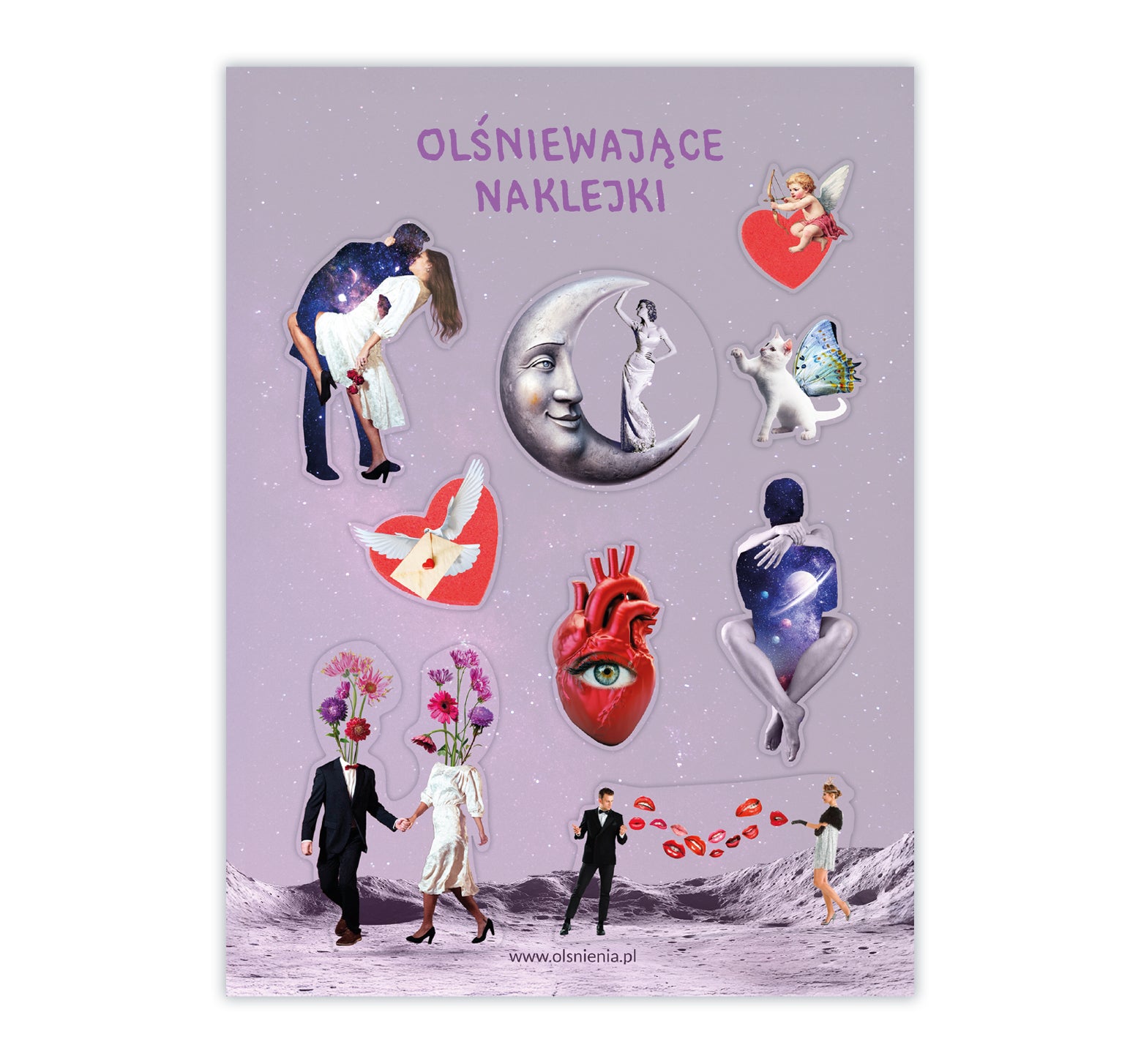 Surrealistyczny zestaw naklejek z motywami miłości – zabawne i nietypowe ilustracje do dekoracji.