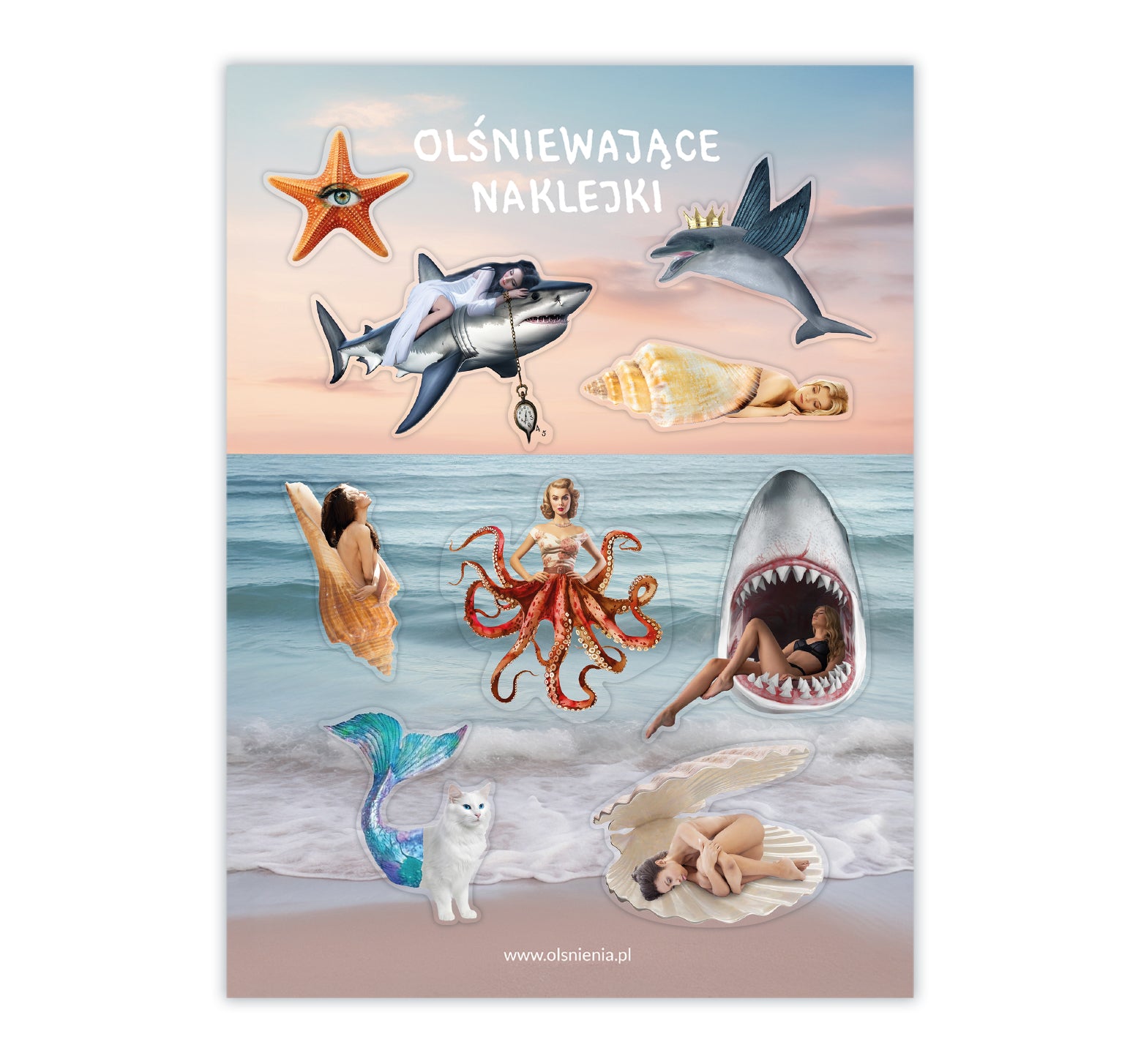 Surrealistyczny i metaforyczny zestaw naklejek z motywem oceanu – artystyczne i symboliczne ilustracje.