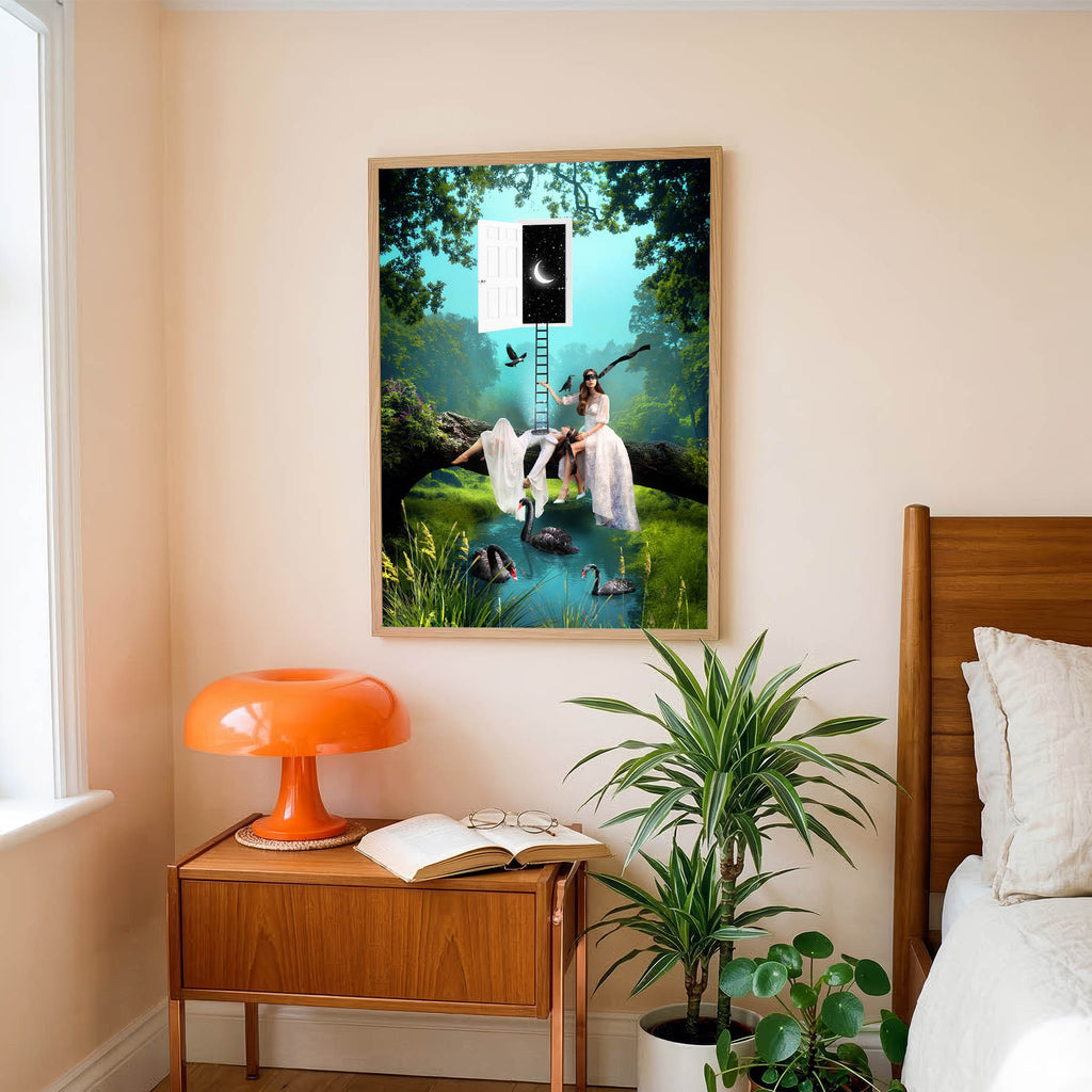 Nowoczesny plakat na ścianę natura, zielona kraina, jezioro ze spokojną wodą i czarne łabędzie, dekoracja wnętrz do salonu, sypialni lub gabinetu, artystyczny obraz ścienny.