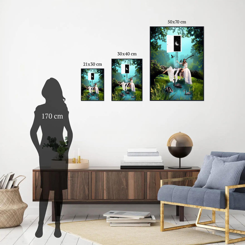 Surrealistyczna ilustracja inspirowana naturą z zielonym krajobrazem. Artystyczna grafika idealna do nowoczesnych przestrzeni i dekoracji domu.