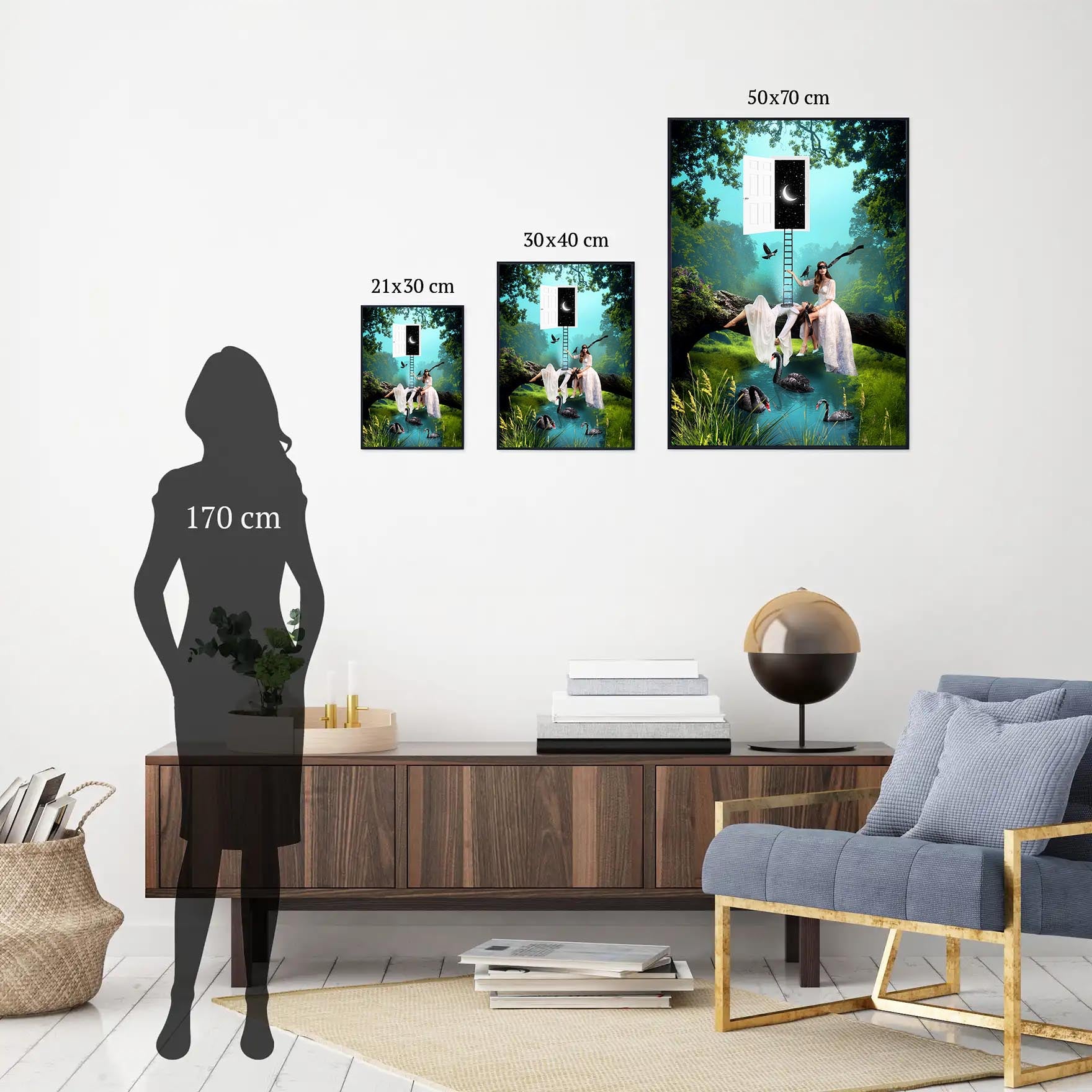 Surrealistyczna ilustracja inspirowana naturą z zielonym krajobrazem. Artystyczna grafika idealna do nowoczesnych przestrzeni i dekoracji domu.