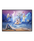 Surrealistyczny fioletowy plakat z syrenkami, rekinami, fokami i niedźwiedziami polarnymi – fantastyczna ilustracja oceanu dla dzieci i dorosłych.