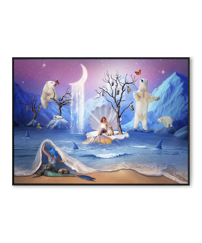 Surrealistyczny fioletowy plakat z syrenkami, rekinami, fokami i niedźwiedziami polarnymi – fantastyczna ilustracja oceanu dla dzieci i dorosłych.