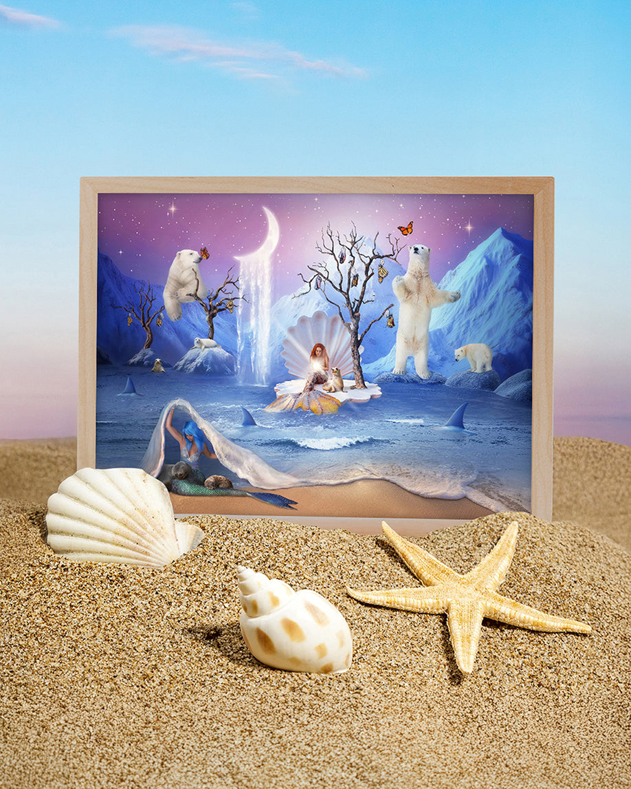 Surrealistyczny fioletowy plakat z syrenkami, rekinami, fokami i niedźwiedziami polarnymi – fantastyczna ilustracja oceanu dla dzieci i dorosłych.