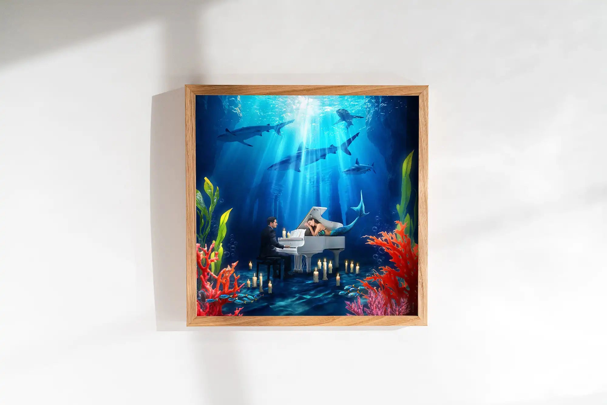 Niebieski plakat oceaniczny z syreną i podwodną sceną miłosną, wyjątkowa dekoracja ścienna do domu, sypialni lub biura.