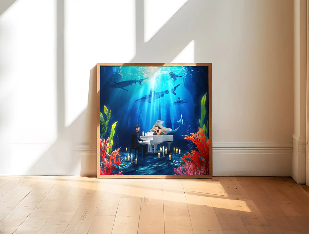 Fantasy art print z syreną, pianinem i rafą koralową, surrealistyczny obraz morski dla osób kochających ocean i niezwykłą sztukę.