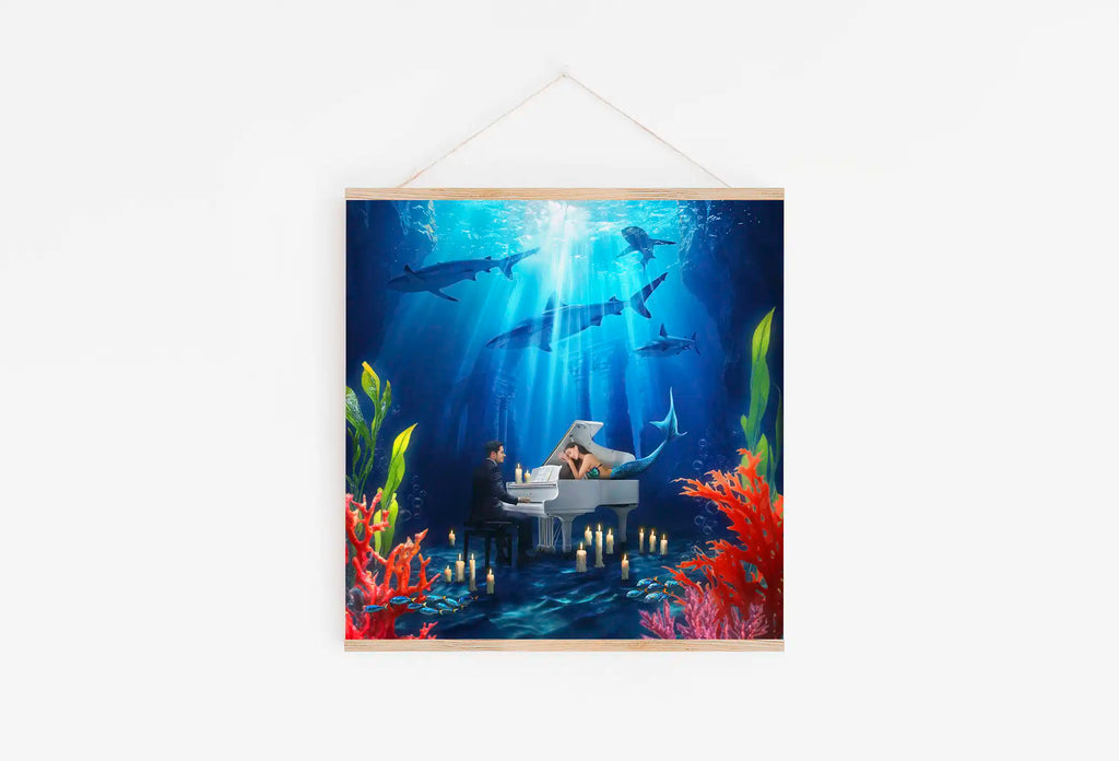 Podwodny plakat z syreną i pianinem, niebieska dekoracja ścienna fantasy, wyjątkowy prezent dla miłośnika oceanu i morza.