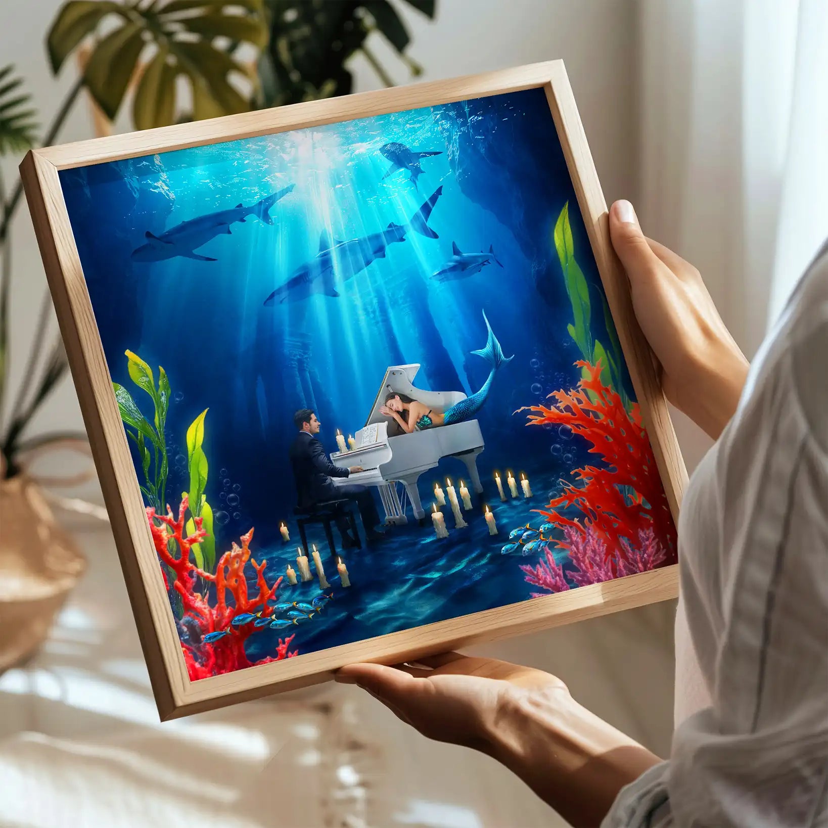 Surrealistyczny obraz oceanu z syreną, mężczyzną grającym na pianinie i rafą koralową, oryginalna dekoracja do salonu.
