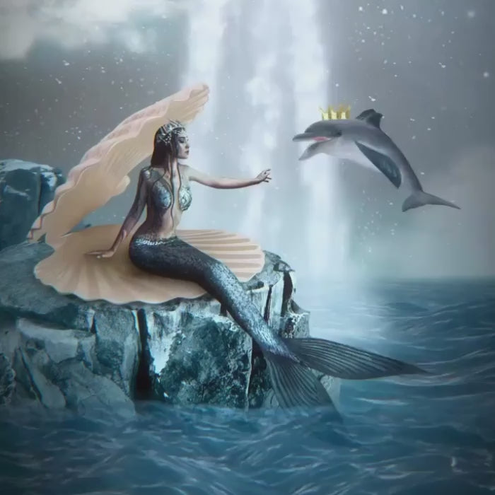 Animacja z syrenką i delfinem w surrealistycznym, baśniowym stylu.