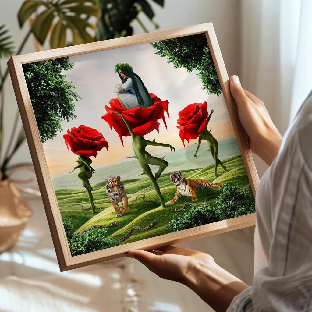 Obraz róża i zwierzęta na ścianę. Surrealistyczna grafika z kobietą, tygrysem i wężem, pełna symboliki i spokoju.