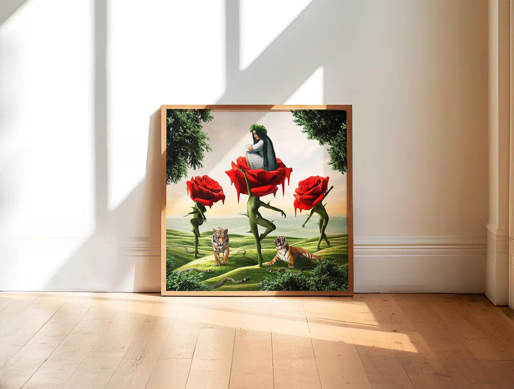 Plakat surrealistyczny z kobietą, różą, tygrysem i wężem. Wyjątkowy obraz na ścianę dla miłośników symbolicznej sztuki i natury.