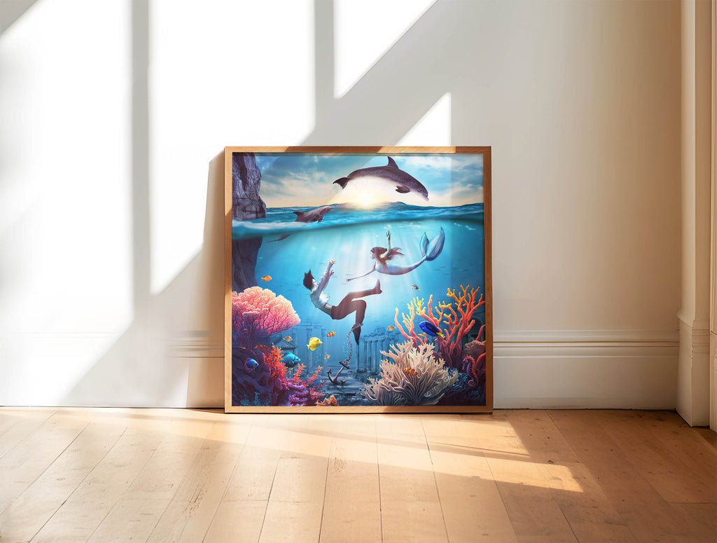 Obraz syrena na ścianę przedstawiający magiczne spotkanie człowieka i morskiego świata. Surrealistyczna sztuka dla miłośników oceanu.