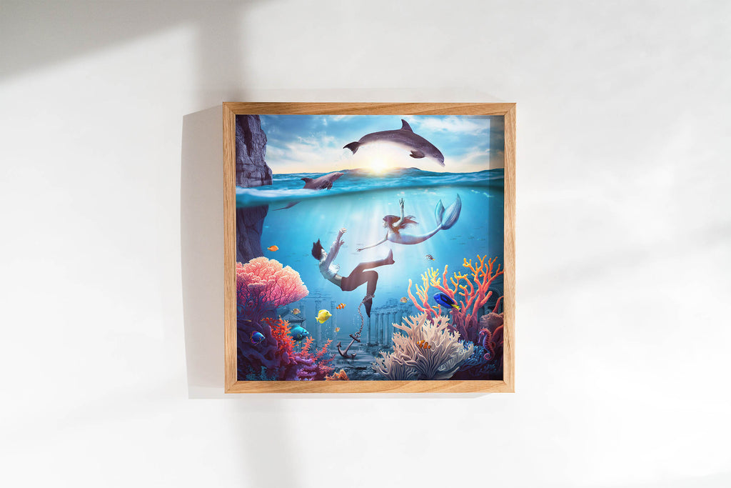 Fantasy plakat oceaniczny z syreną, delfinami i kolorową rafą koralową. Wyjątkowa dekoracja do domu dla fanów morza i sztuki.