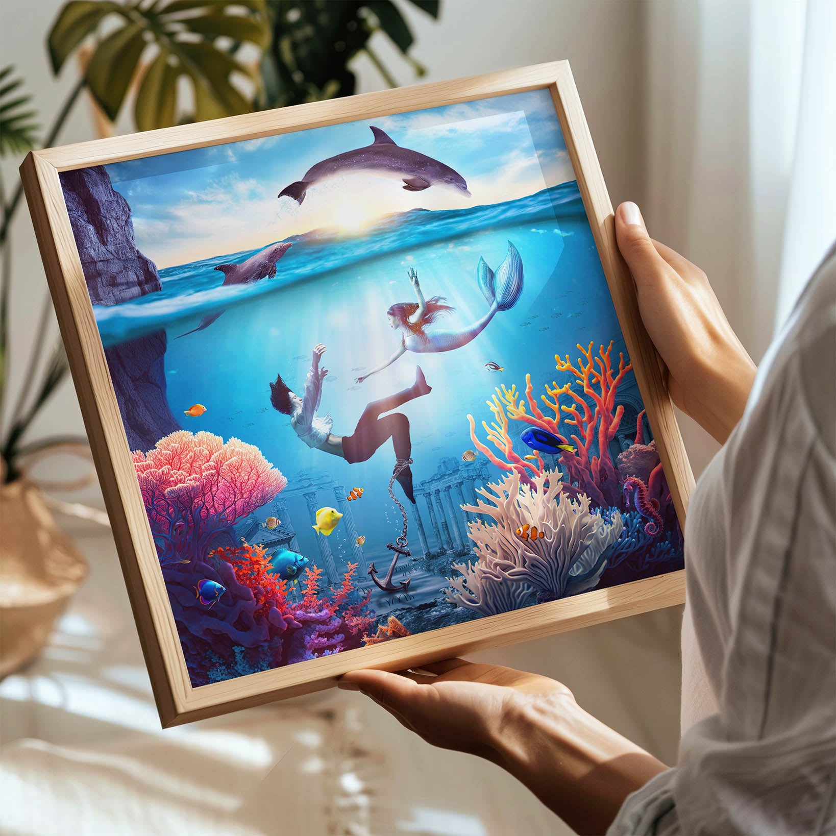 Surrealistyczny obraz z syreną pod wodą, mężczyzną i magiczną sceną oceanu. Oryginalna dekoracja dla fanów podwodnego świata.