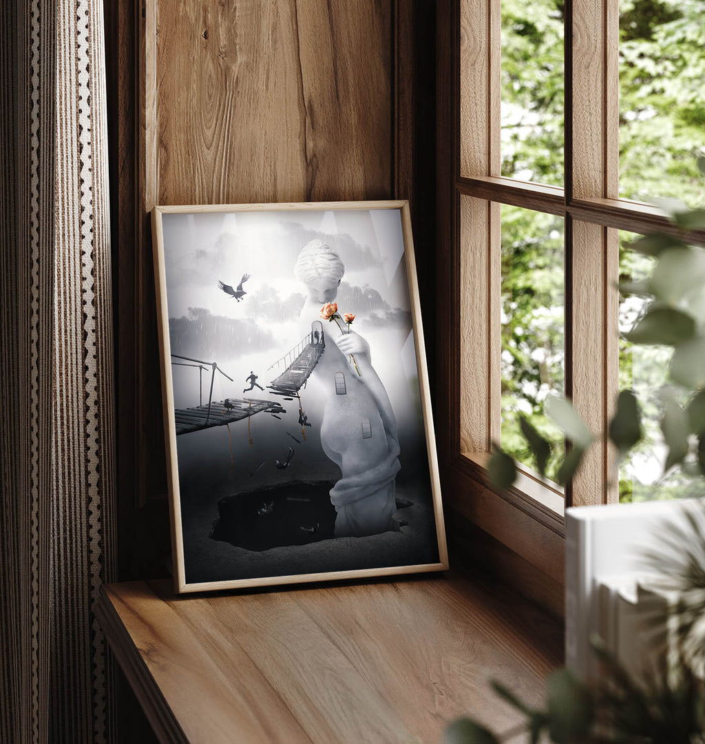 Surrealistyczny czarno-szary plakat „Falling in Love” o poszukiwaniu miłości, emocjach i głębokich znaczeniach