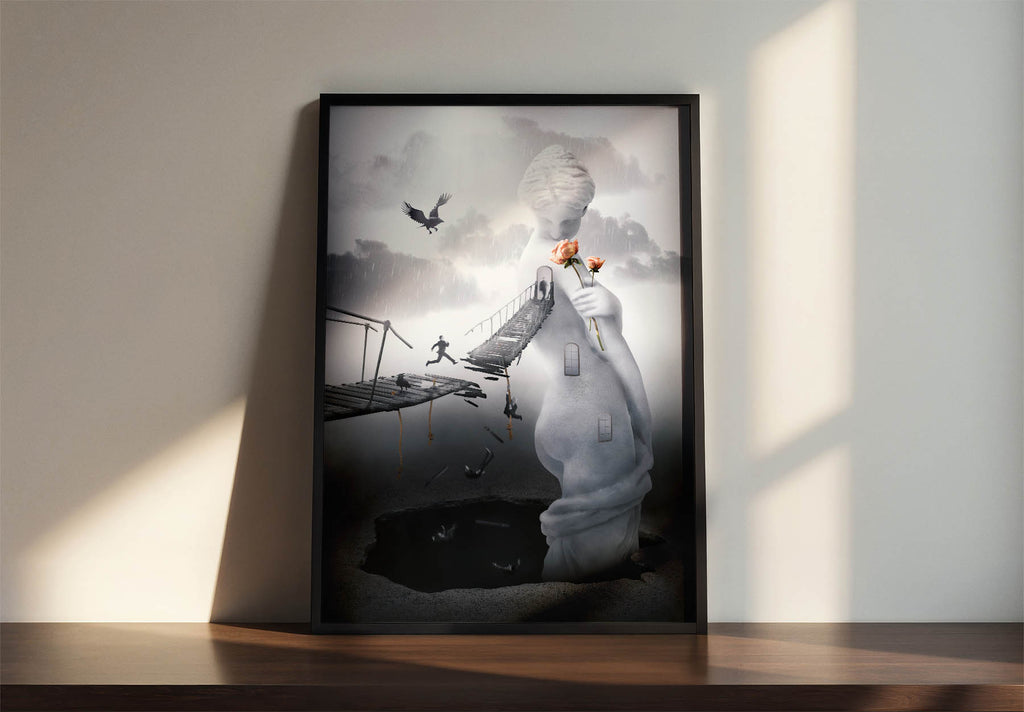Czarny i szary plakat surrealistyczny o miłości, tęsknocie i drodze do odnalezienia prawdziwego uczucia