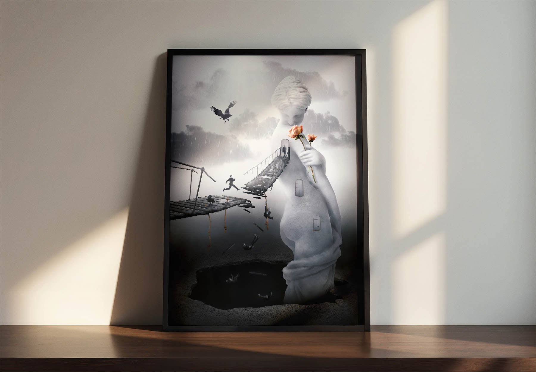 Czarny i szary plakat surrealistyczny o miłości, tęsknocie i drodze do odnalezienia prawdziwego uczucia