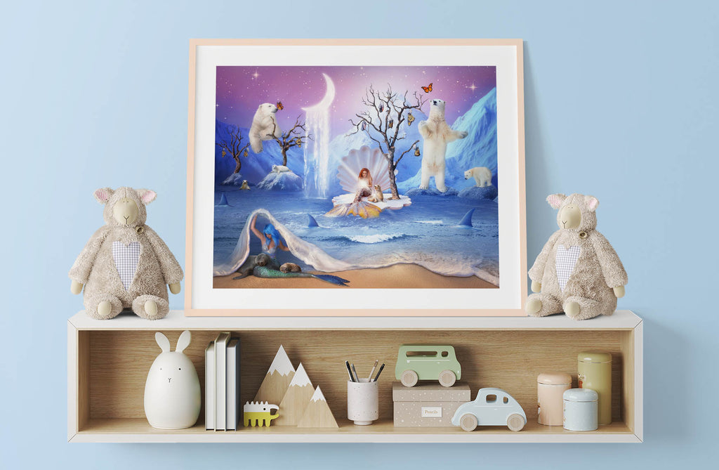 Plakat do pokoju dziecka, syrenka i foka w bajkowej scenie, dekoracja dla dziewczynki