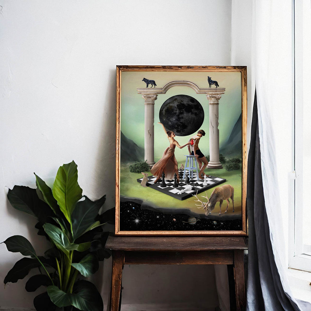 Zielony surrealistyczny plakat, kobieta i mężczyzna grający w szachy
