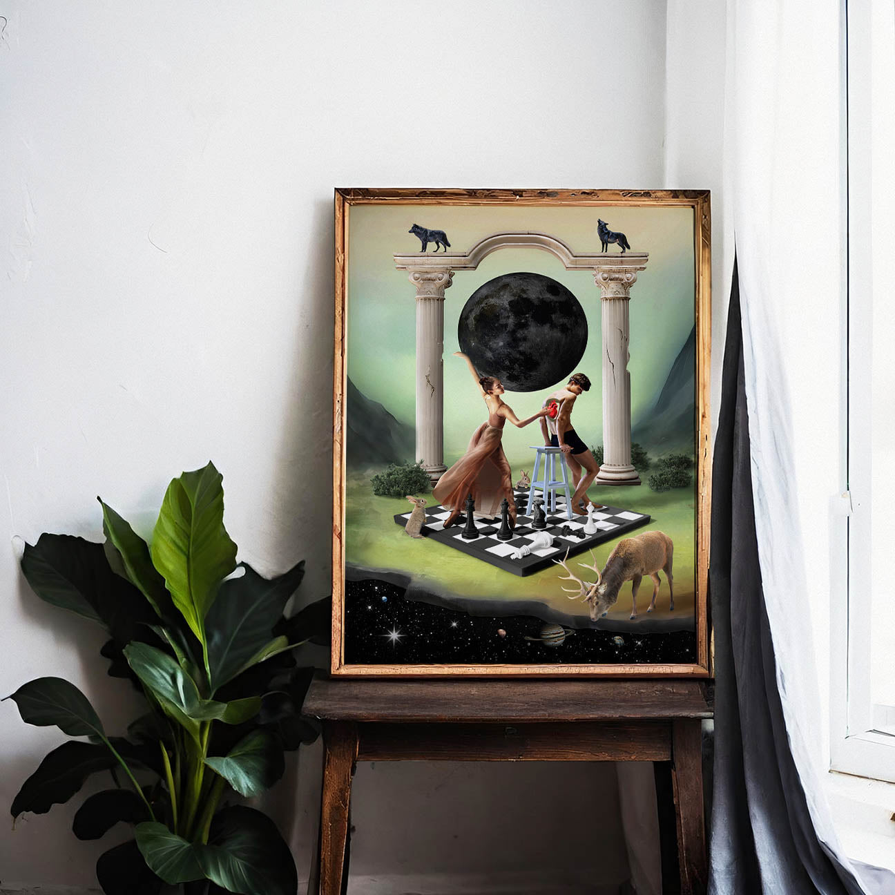 Zielony surrealistyczny plakat, kobieta i mężczyzna grający w szachy
