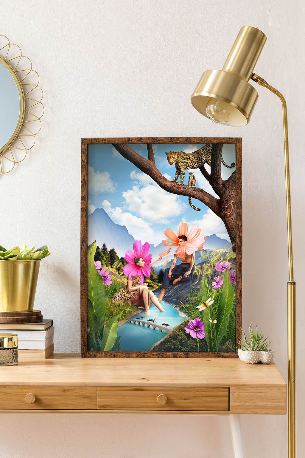 Kolorowa ilustracja ścienna o miłości, łącząca surrealizm, emocje i metaforyczne elementy w wyjątkową dekorację domu