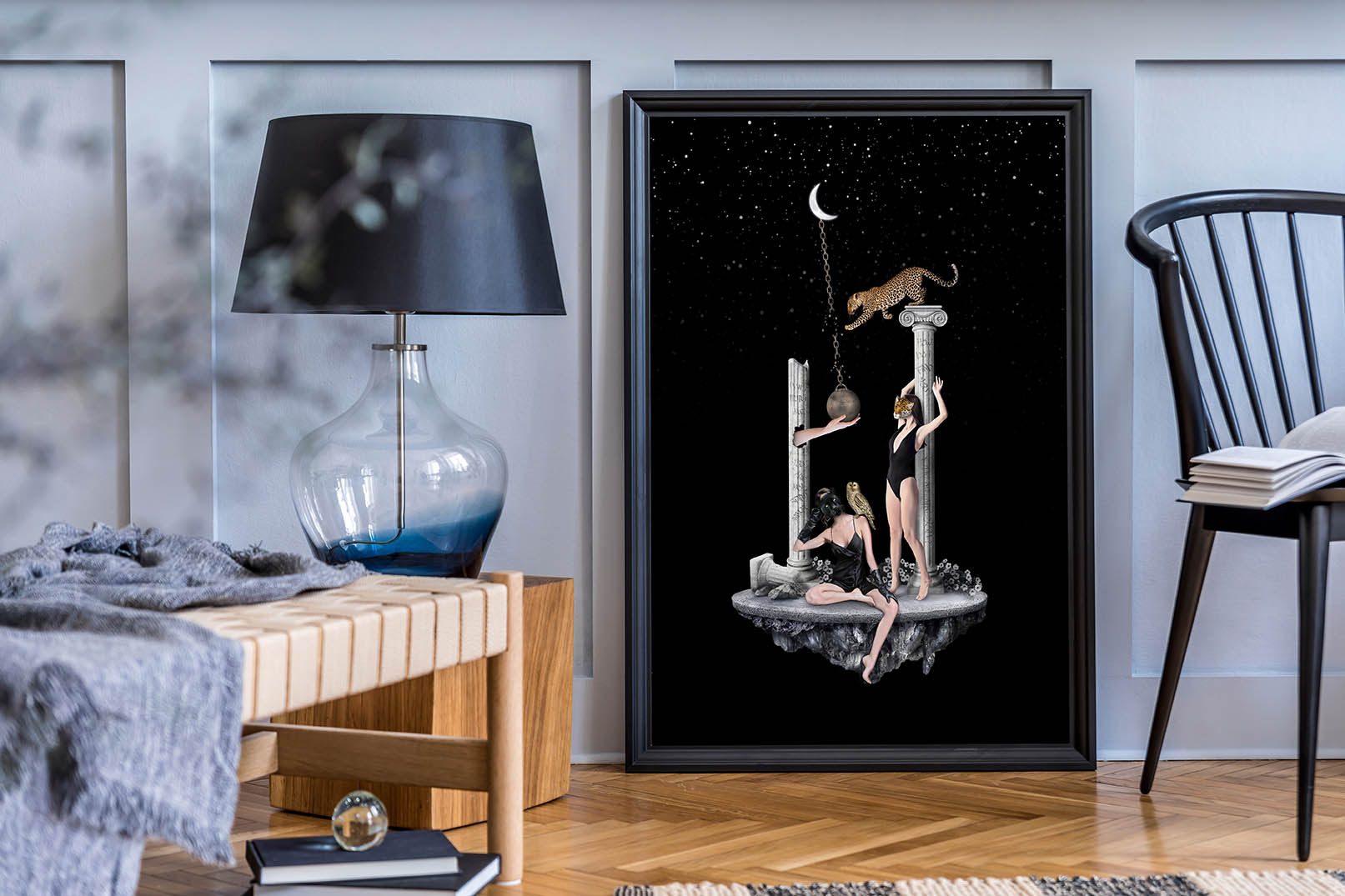 Ciekawy, unikalny plakat do salonu, czarno-biała surrealistyczna kompozycja z kolumnami