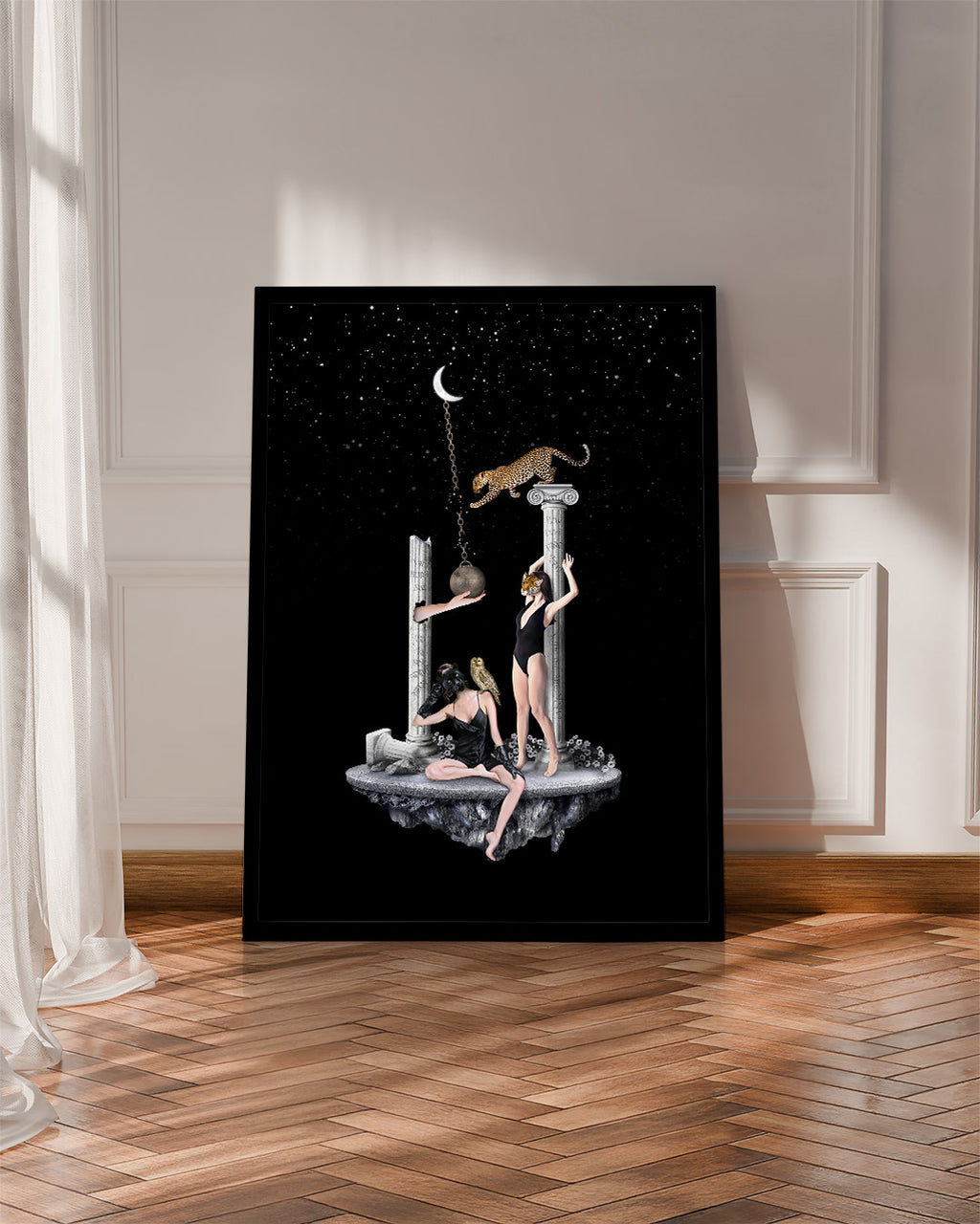 Nietypowa grafika na ścianę, sowa i kobieta w masce, ciemna surrealistyczna scena
