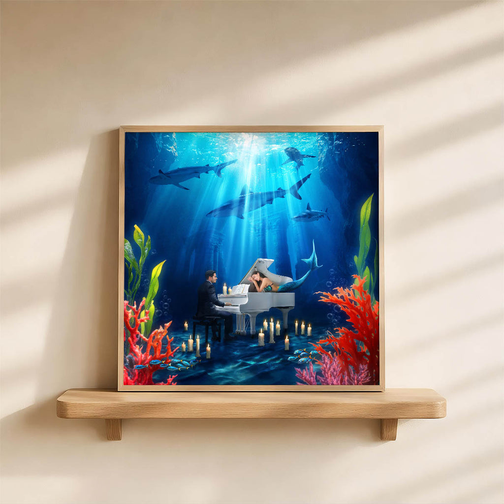 Plakat syrena pod wodą, magiczna morska grafika fantasy, prezent dla miłośnika oceanu, nurkowania i podwodnego świata.