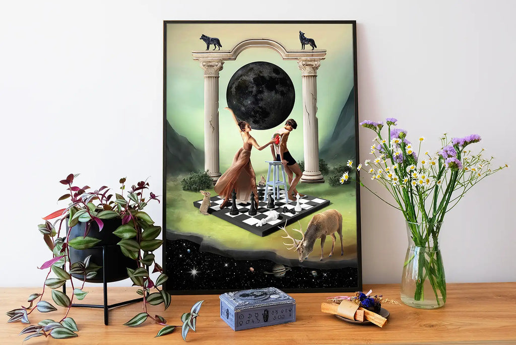 Plakat o miłości „Game of Love”, surrealistyczna ilustracja pary w zielonej kolorystyce.