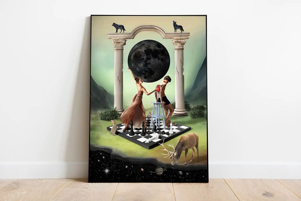 Plakat surrealistyczny para „Game of Love”, zielone odcienie i romantyczny klimat.