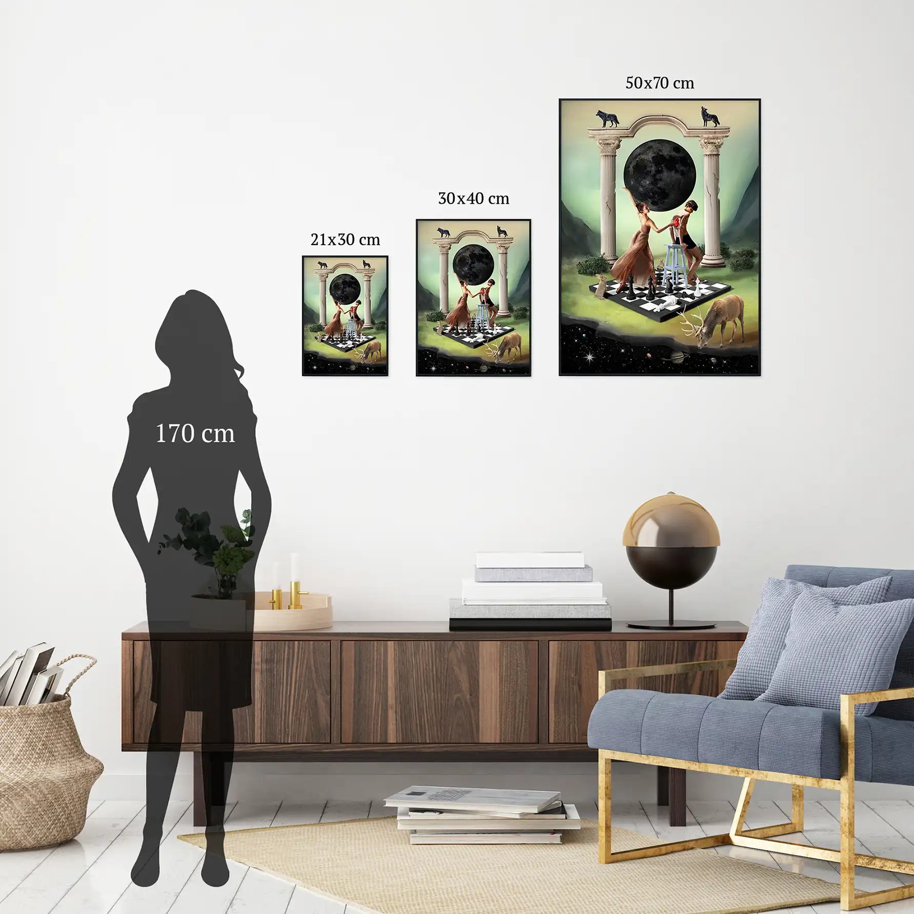 Plakat surrealistyczny „Game of Love” w różnych rozmiarach, zielony kolaż cyfrowy z motywem pary i miłości.