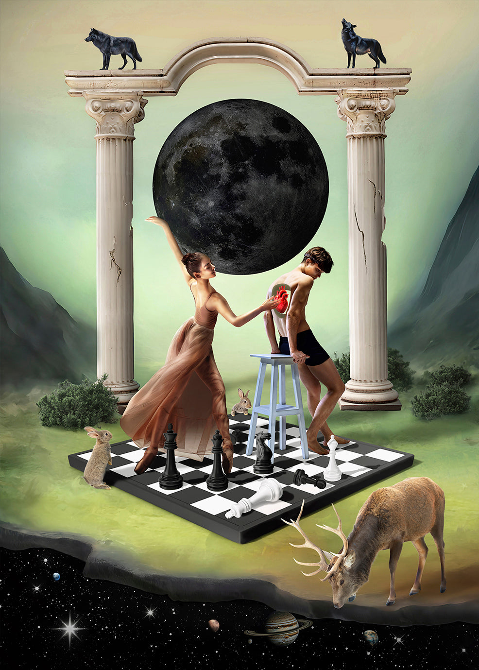 Zielony plakat surrealistyczny „Game of Love”, artystyczny digital collage przedstawiający parę.