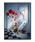 Artystyczny plakat surrealistyczny przedstawiający kobietę, motyle, czerwone kwiaty i symboliczny upływ czasu