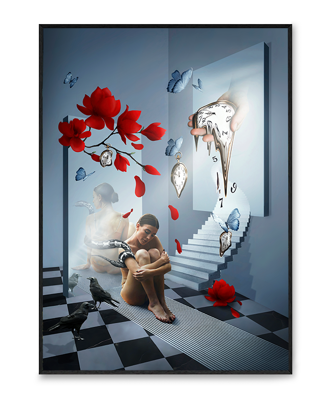 Artystyczny plakat surrealistyczny przedstawiający kobietę, motyle, czerwone kwiaty i symboliczny upływ czasu