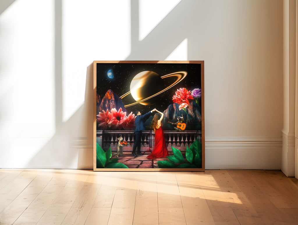 Plakat dla pary z motywem kosmosu, gwiazd i planet. Romantyczna surrealistyczna dekoracja do sypialni lub salonu.
