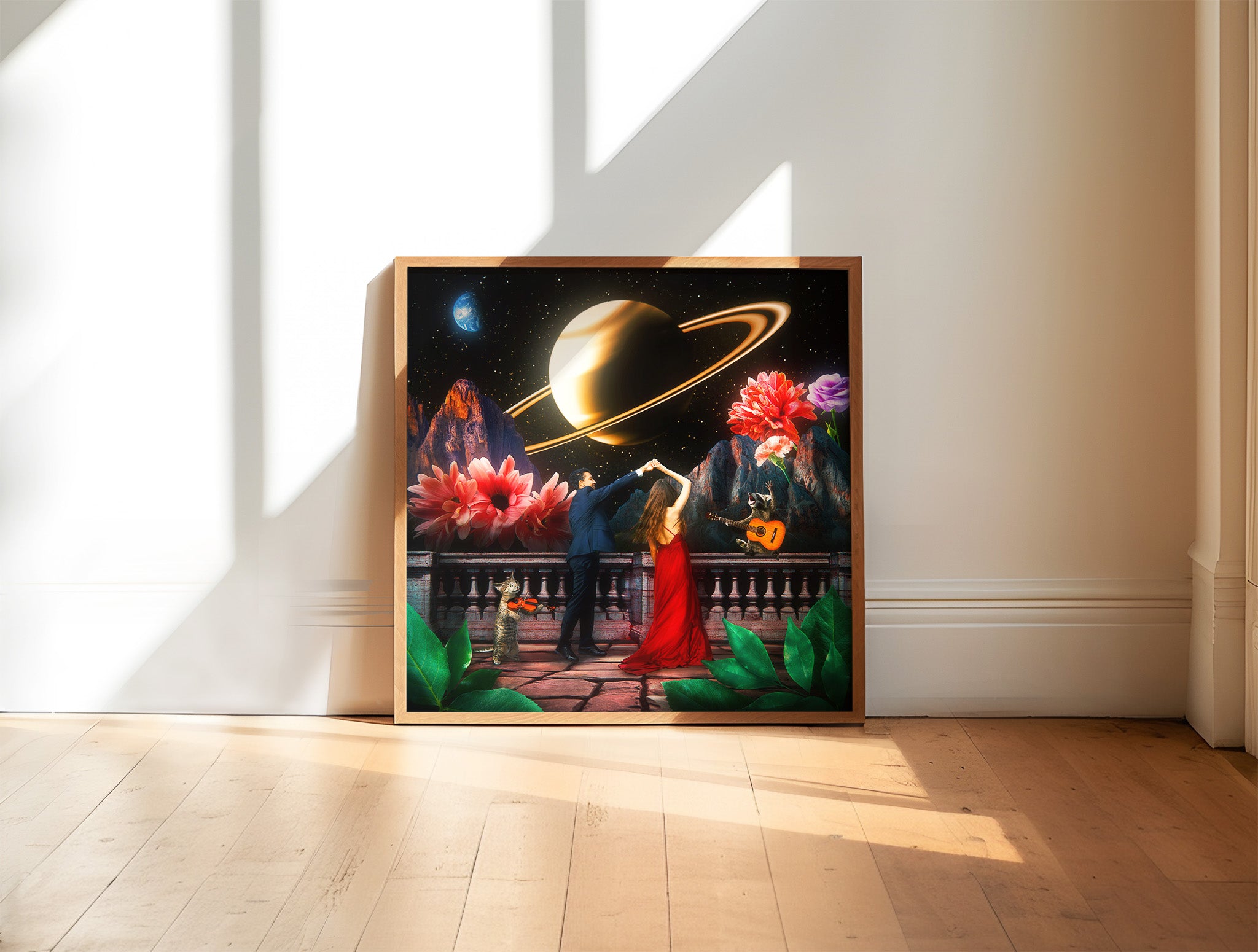 Plakat dla pary z motywem kosmosu, gwiazd i planet. Romantyczna surrealistyczna dekoracja do sypialni lub salonu.