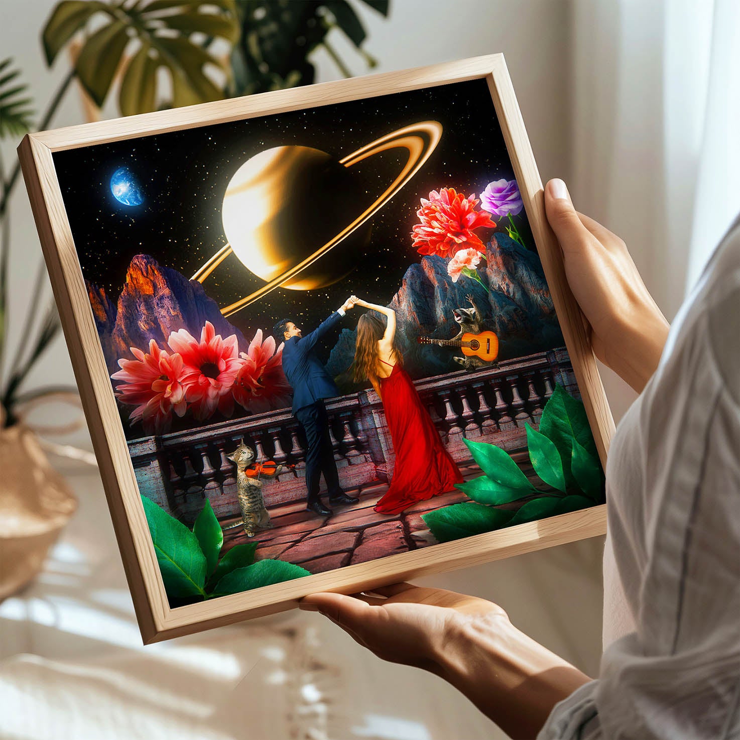 Obraz miłość i kosmos na ścianę. Surrealistyczny plakat z parą, galaktyką i magiczną atmosferą fantasy.