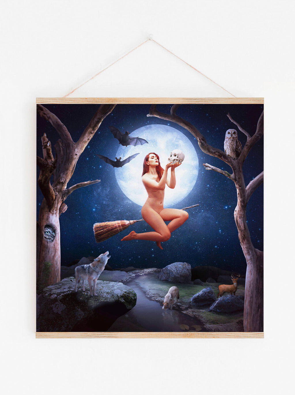 Plakat czarownica i księżyc, mroczna dekoracja ścienna fantasy dla miłośników magii, gotyckiego stylu i tajemniczej sztuki.