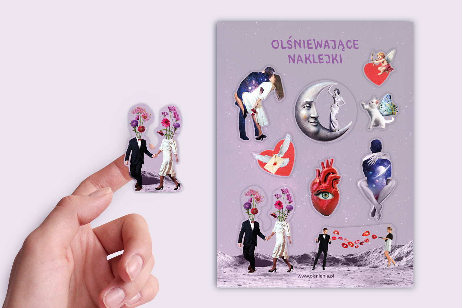 Surrealistyczny zestaw naklejek z motywami miłości – zabawne i nietypowe ilustracje do dekoracji.