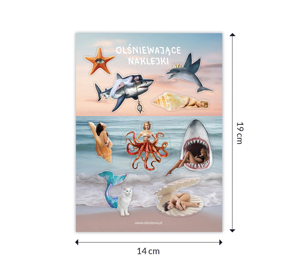 Kolekcja naklejek surrealistycznych – motyw oceanu, muszelki, rekin, delfin z koroną, kot syrena, kobieta ośmiornica, kobieta na rekinie, rozgwiazda