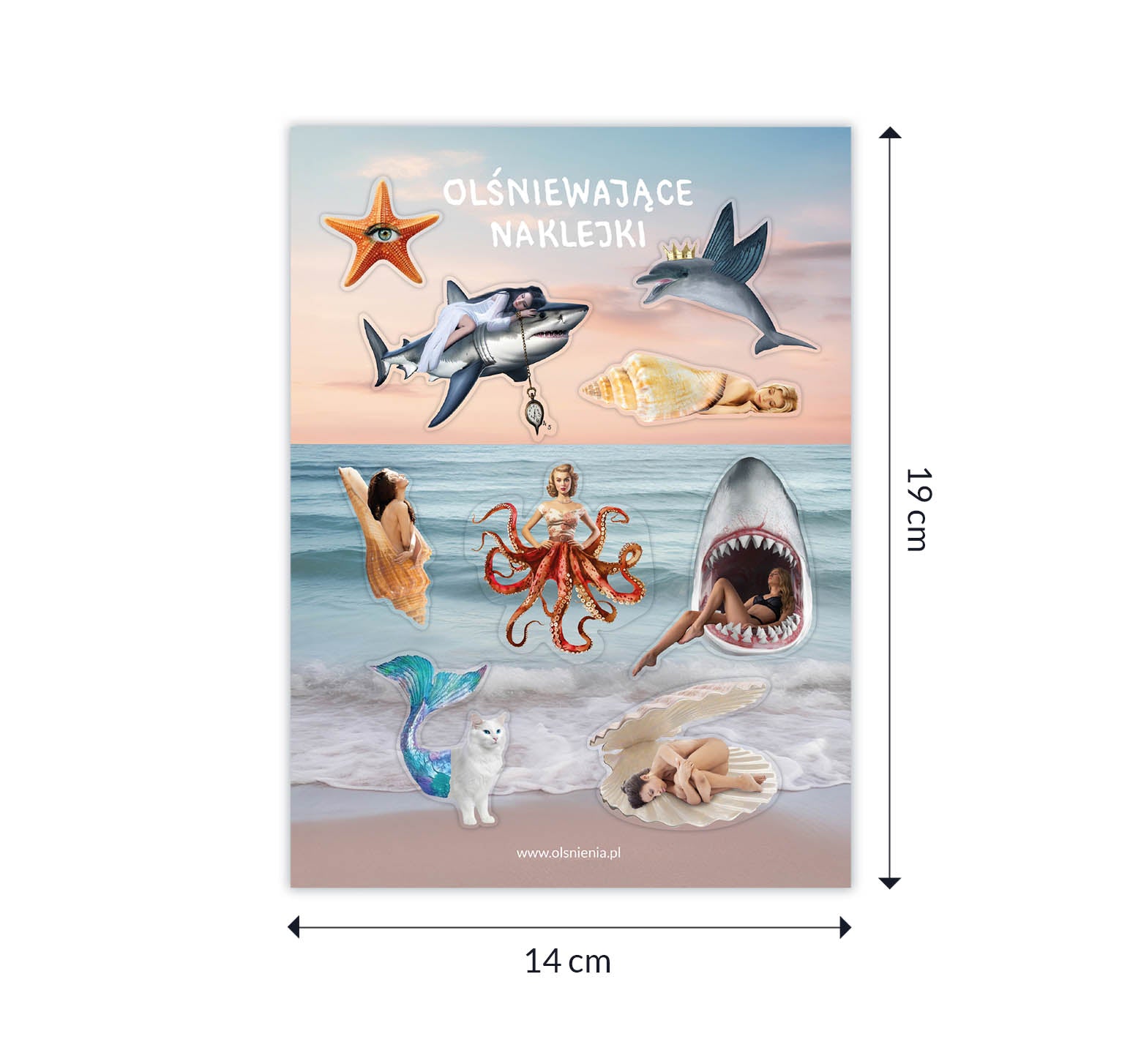 Kolekcja naklejek surrealistycznych – motyw oceanu, muszelki, rekin, delfin z koroną, kot syrena, kobieta ośmiornica, kobieta na rekinie, rozgwiazda