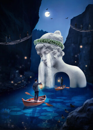 Surrealistyczny, kolażowy, niebieski, plakat przedstawiający płaczący pomnik, pod którym płyną mężczyźni w łódkach